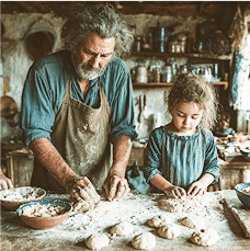An adult and child baking together